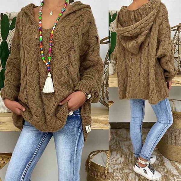 women autumn solid color sweater long sleeve braided hooded pullover knitted, White;black